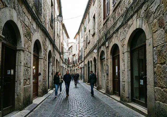 Rua de comércio com portas em arco de granito